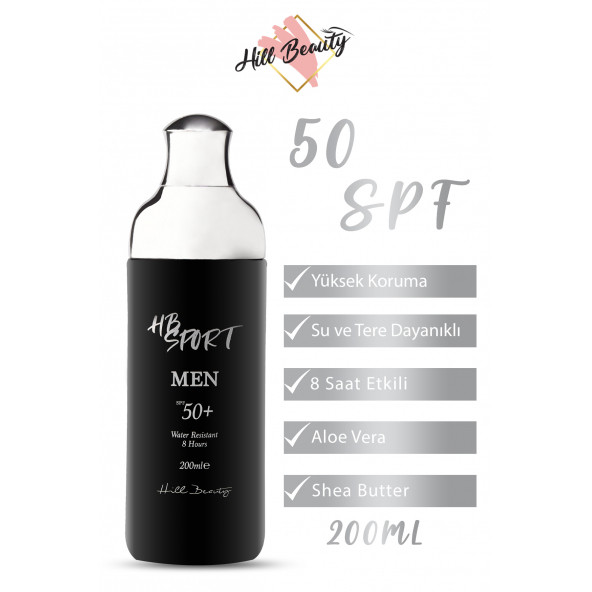 Hill Beauty Men 200 ml SPF50+ Vücut Güneş Kremi Sekiz Saat Suya Dayanıklı Yüksek Koruma Aloe Vera Shea Butter