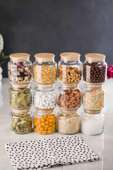 12'Li Bambu Kapaklı Cam Kavanoz & Baharat Takımı & Baharatlık Seti 500 ML ( Vakum Kapak ) - 2