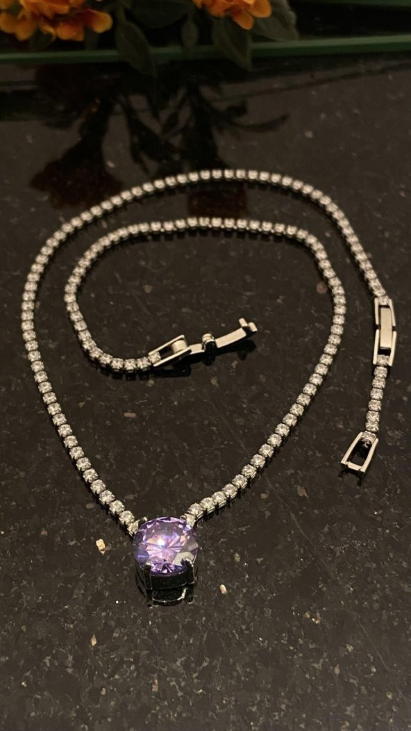 Aksesuar Çarşısı Mor Yuvarlak Zirkon Taşlı Su Yolu Kolye - Resim 4