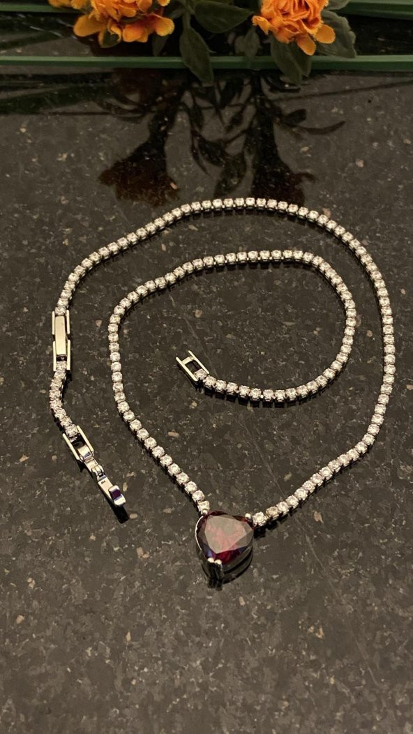 Aksesuar Çarşısı Kırmızı Kalp Zirkon Taşlı Su Yolu KoLye - Resim 2