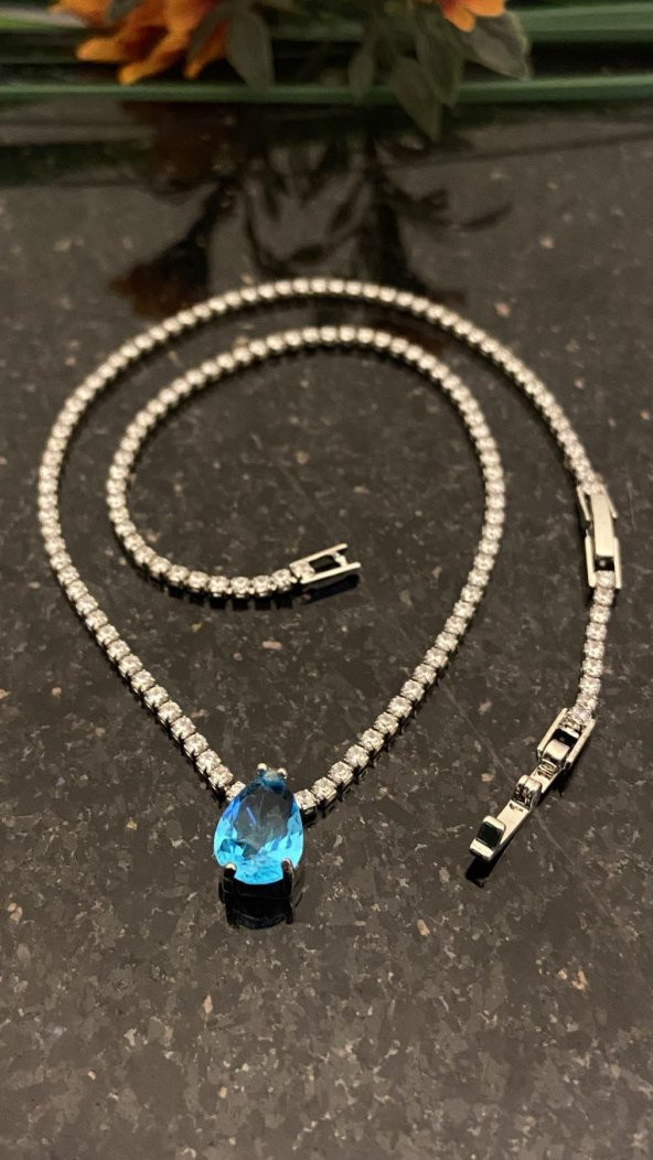 Aksesuar Çarşısı Mavi Damla Zirkon Taşlı Su Yolu Kolye ürün görseli