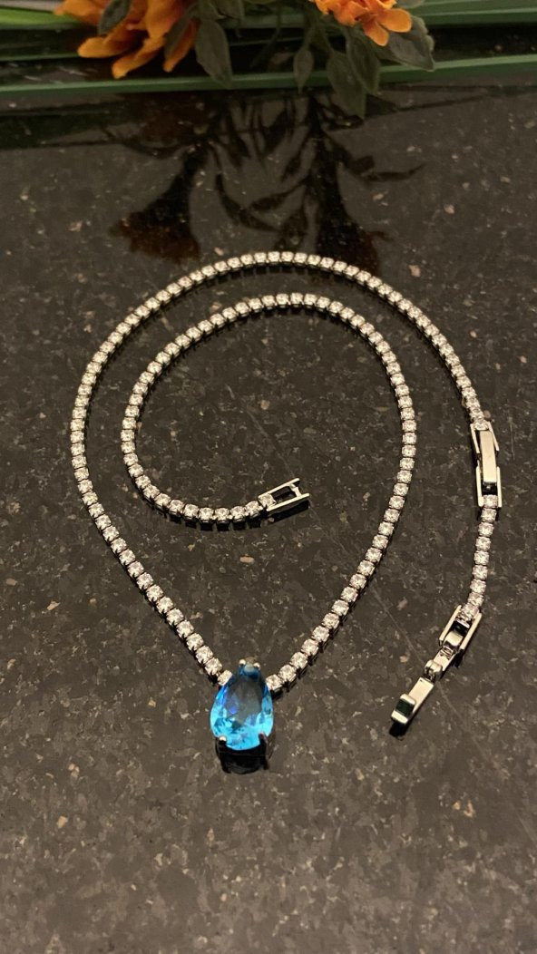 Aksesuar Çarşısı Mavi Damla Zirkon Taşlı Su Yolu Kolye - Resim 2