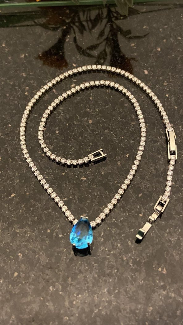 Aksesuar Çarşısı Mavi Damla Zirkon Taşlı Su Yolu Kolye - Resim 3