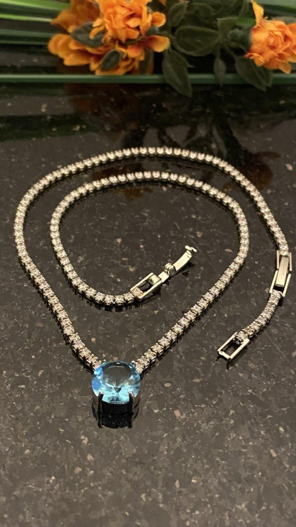 Aksesuar Çarşısı Mavi Yuvarlak Zirkon Taşlı Su Yolu Kolye ürün görseli