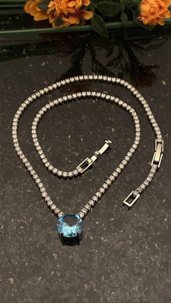 Aksesuar Çarşısı Mavi Yuvarlak Zirkon Taşlı Su Yolu Kolye - Resim 2