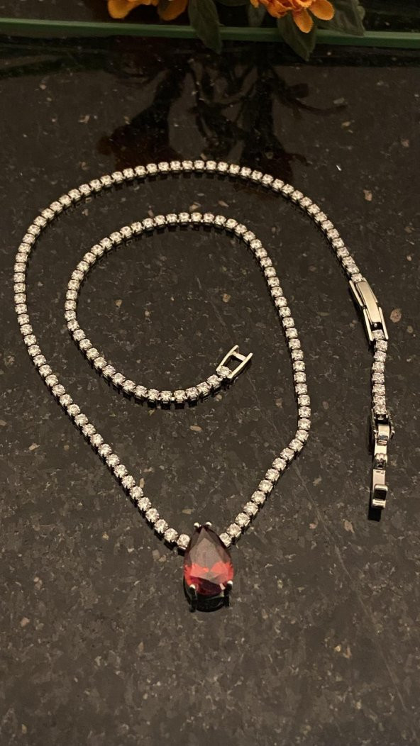 Aksesuar Çarşısı Kırmızı Damla Zirkon Taşlı Su Yolu Kolye - Resim 2