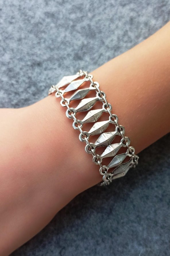 Dörtgen Şekilli Kadın Bileklik Gümüş Kaplama El Yapımı Ayarlanabilir Kadın Bileklik - Resim 2