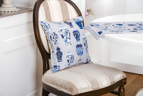 Finezza Vista Baskılı Kumaş Kreme Mavi Runner Kırlent Seti 3 Parça  - 1372 - Resim 2