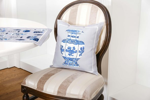 Finezza Vista Baskılı Kumaş Kreme Mavi Runner Kırlent Seti 3 Parça  - 1372 - Resim 3