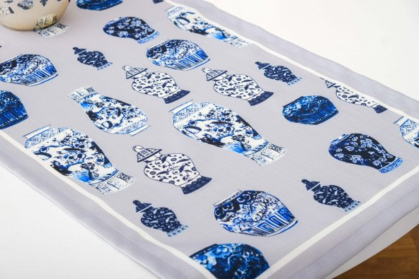 Finezza Vista Baskılı Kumaş Kreme Mavi Runner Kırlent Seti 3 Parça  - 1372 - Resim 5