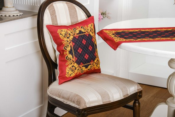 Finezza Belize Baskılı Kumaş Kırmızıya siyah Runner Kırlent Seti 3 Parça  - 1373 - Resim 2