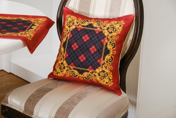 Finezza Belize Baskılı Kumaş Kırmızıya siyah Runner Kırlent Seti 3 Parça  - 1373 - Resim 3