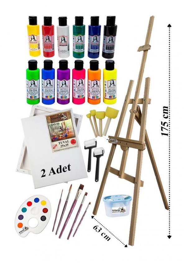 Akrilik Boya Resim Seti Südor Monalisa 12 Renk 70 ml Akrilik Boya 2 Tuval 25x35 Fırça Spatula Şövale