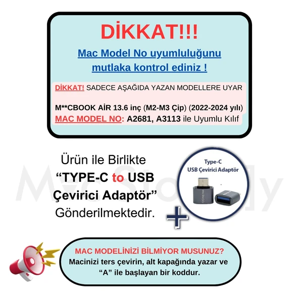 Macbook Air Kılıf M2-M3-M4 Kılıf 13.6 inç Mat Flu Kılıf (13.6” Air) A2681 A3113 A3240 ile Uyumlu - 2