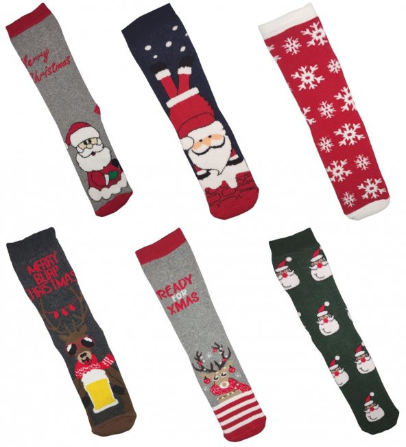 Unİsex Yılbaşı Temalı Altılı Havlu Çorap Seti