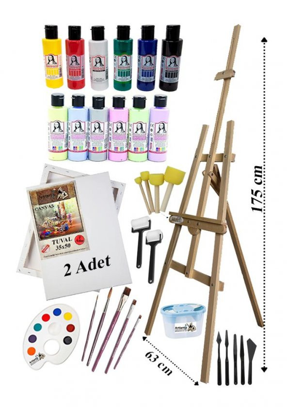 Akrilik Boya Resim Seti Südor Monalisa 12 Renk 70 ml Akrilik Boya 2 Tuval 35x50 Fırça Spatula Şövale
