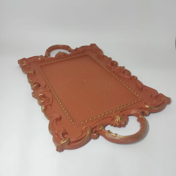 Modern Turuncu Yaldızlı 41-25 cm Saray Desenli Kabartmalı Servis Tepsisi Sunum Tepsisi Çay Kahve Tepsi - 3