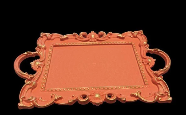 Modern Turuncu Yaldızlı 41-25 cm Saray Desenli Kabartmalı Servis Tepsisi Sunum Tepsisi Çay Kahve Tepsi - 4