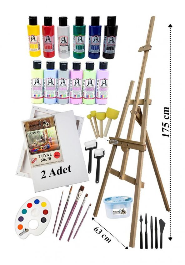 Akrilik Boya Resim Seti Südor Monalisa 12 Renk 70 ml Akrilik Boya 2 Tuval 50x70 Fırça Spatula Şövale