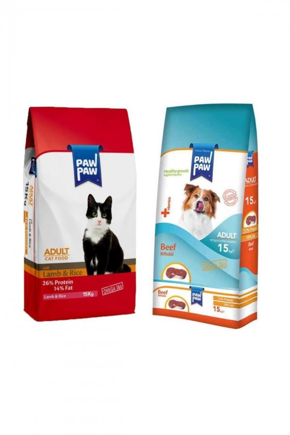 Paw Paw Kuzulu Ve Pirinçli Yetişkin Kedi Maması 15 kg + Biftekli Yetişkin Köpek Maması 15 kg