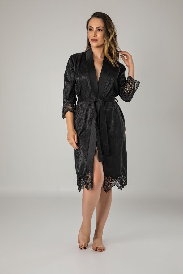 Kimono Siyah Saten Bayan Sabahlık - 1