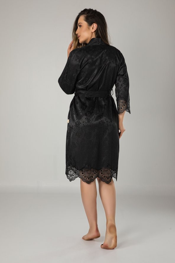 Kimono Siyah Saten Bayan Sabahlık - 2