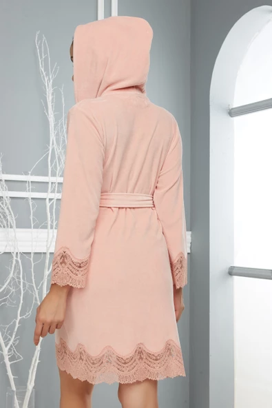 Bayan Pudra Dantelli Bambo Pamuk Sabahlık - Resim 2