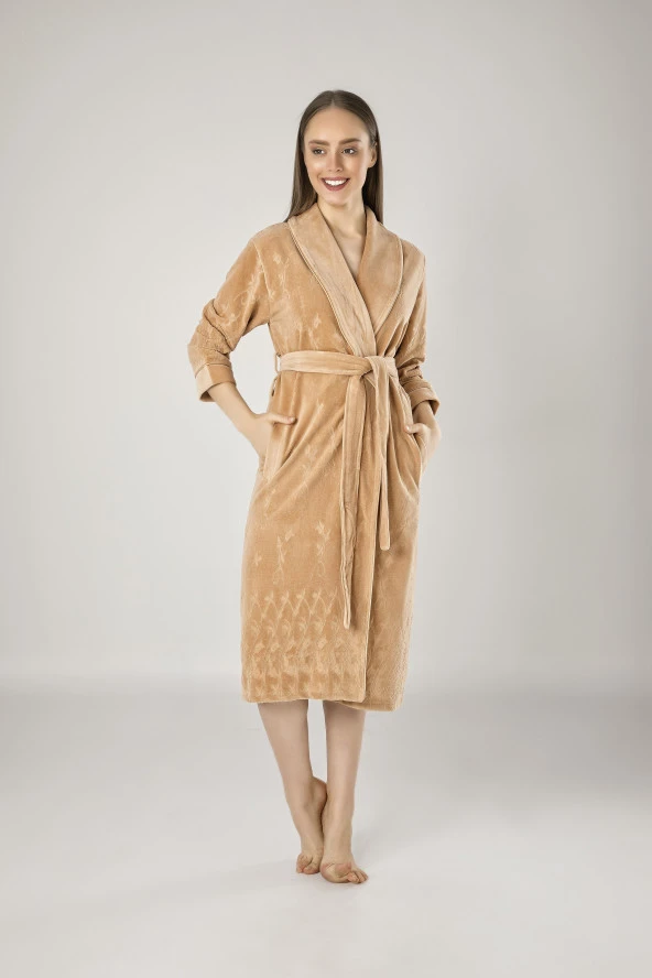 Bej Jakarlı Pamuklu Bayan Sabahlık ürün görseli