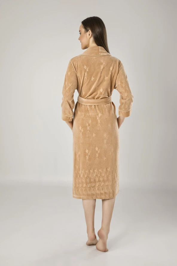 Bej Jakarlı Pamuklu Bayan Sabahlık - Resim 2