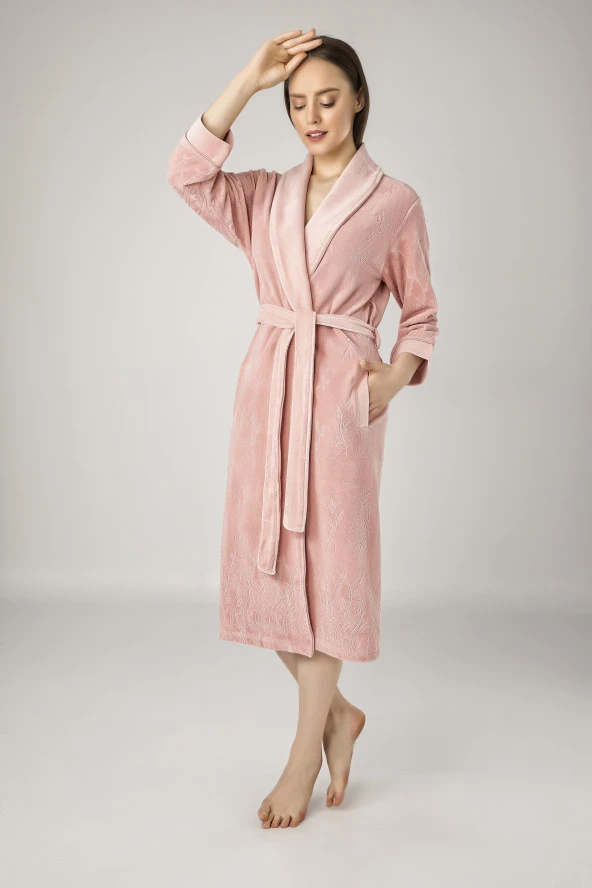 Bej Jakarlı Pamuklu Bayan Sabahlık - Resim 5