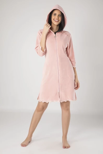 Kadın Krem Dantelli Fermuarlı Cotton Bornoz - 2