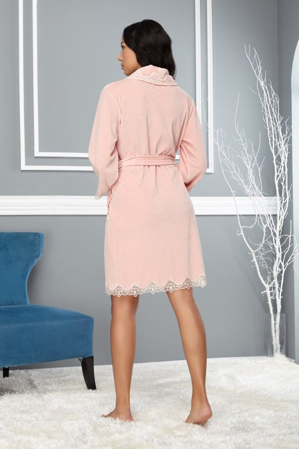 Pudra Dantelli Bambu Cotton Bayan Sabahlık Bornoz - 2