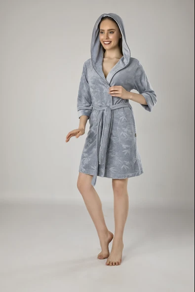 Gri Jakarlı Bambu Cotton Bayan Sabahlık - 1