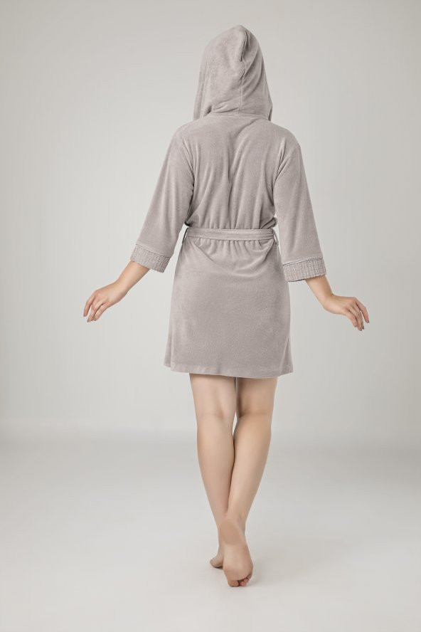 Pudra Kapüşonlu Yaka Jakarlı Bambu cotton Bayan Sabahlık - 4