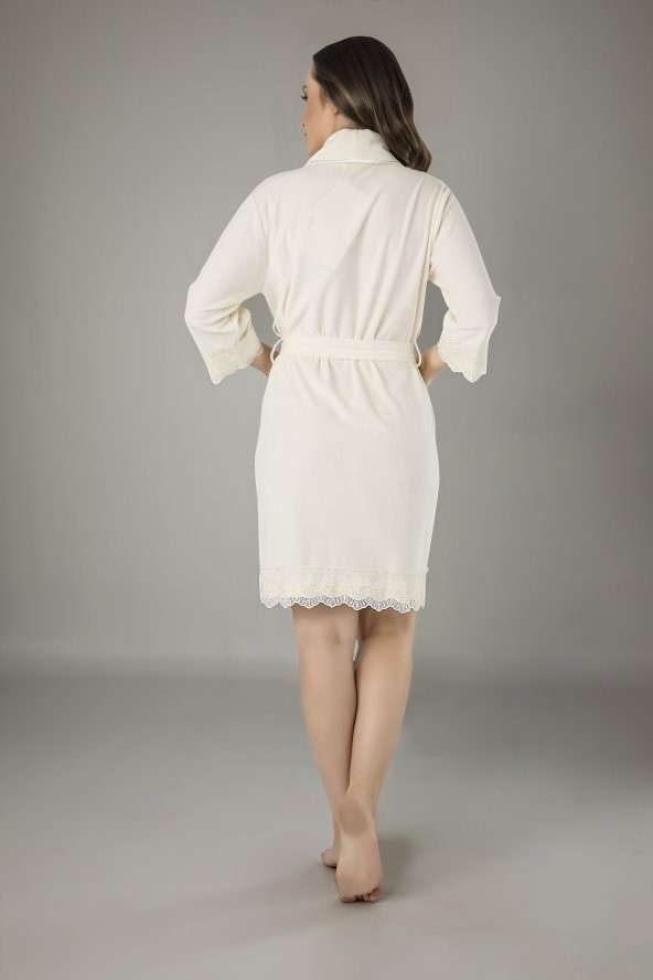 Krem Dantelli Bambo Cotton Kadife Bayan Sabahlık - 2