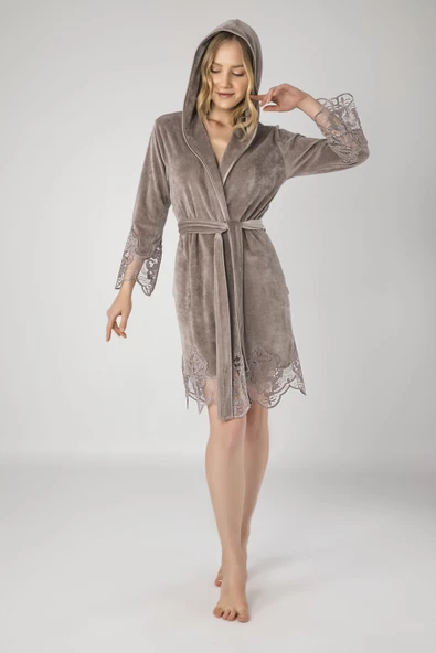 Siyah Dantelli Bambo Cotton  Kadife Bayan Sabahlık - Resim 3