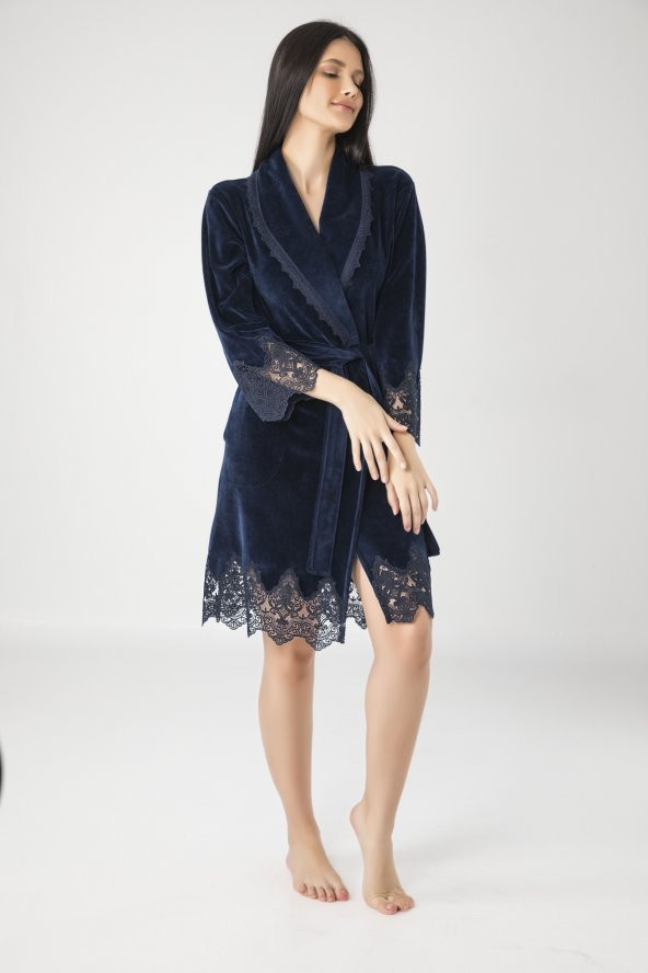 Lacivert Şalyaka Dantelli Niki Kadife Bambu Cotton Bayan Sabahlık ürün görseli