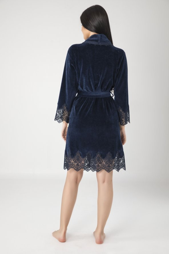 Lacivert Şalyaka Dantelli Niki Kadife Bambu Cotton Bayan Sabahlık - Resim 2