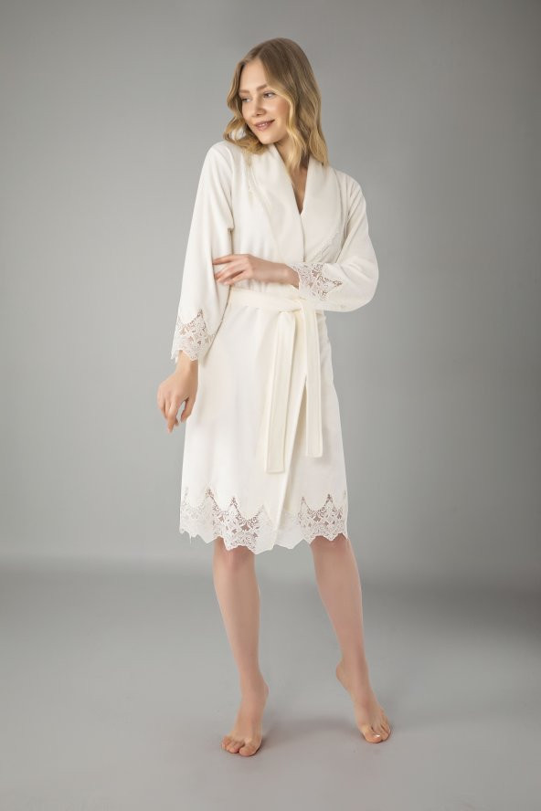 Lacivert Şalyaka Dantelli Niki Kadife Bambu Cotton Bayan Sabahlık - Resim 3