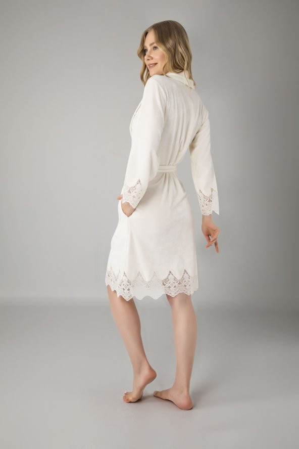 Lacivert Şalyaka Dantelli Niki Kadife Bambu Cotton Bayan Sabahlık - Resim 4