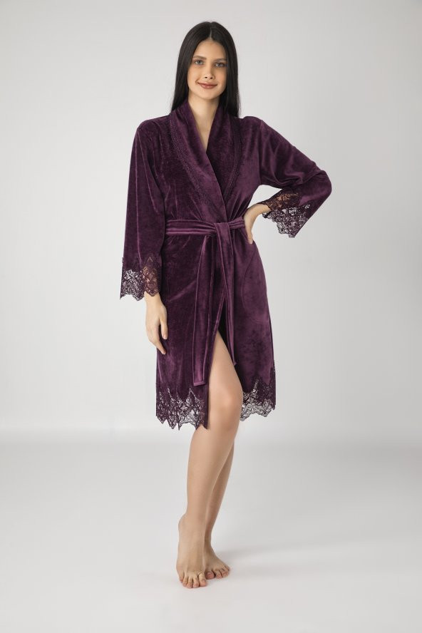 Lacivert Şalyaka Dantelli Niki Kadife Bambu Cotton Bayan Sabahlık - Resim 5