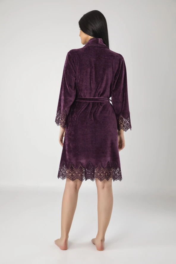 Lacivert Şalyaka Dantelli Niki Kadife Bambu Cotton Bayan Sabahlık - Resim 6