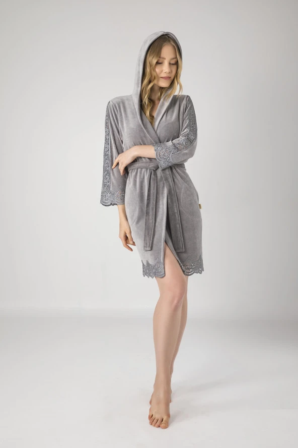 Antrasit Kısa Kapüşonlu Brode Dantel Niki Kadife Bambu Pamuklu Bayan Sabahlık - 3