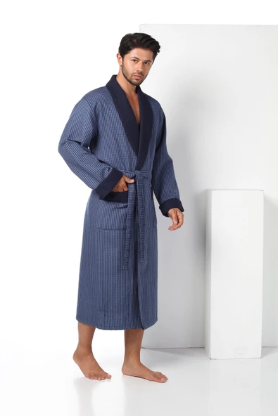 Füme Kareli Pike Bambo Cotton Erkek Sabahlık Bornoz - 9