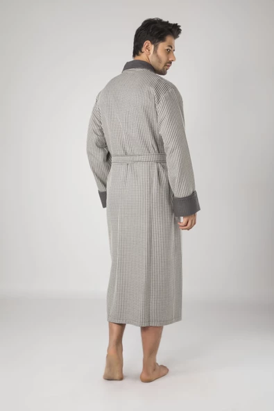 Füme Kareli Pike Bambo Cotton Erkek Sabahlık Bornoz - 4