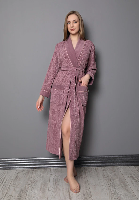 Pudra Jakarlı Desen Bambu Cotton Bayan Sabahlık - 2