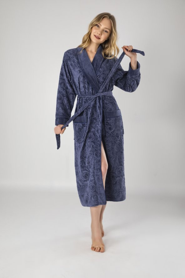 Koyu Gri Jakarlı Bambo Cotton Bayan Sabahlık - 1