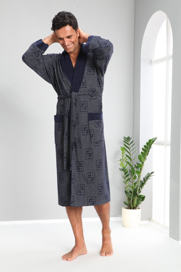 Kareli Jakarlı Bambo Cotton Erkek Sabahlık - 3