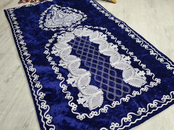 Verna Süzene İşlemeli Kadife Seccade Lacivert - Resim 9
