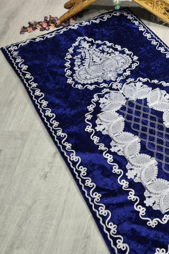 Verna Süzene İşlemeli Kadife Seccade Lacivert - Resim 10